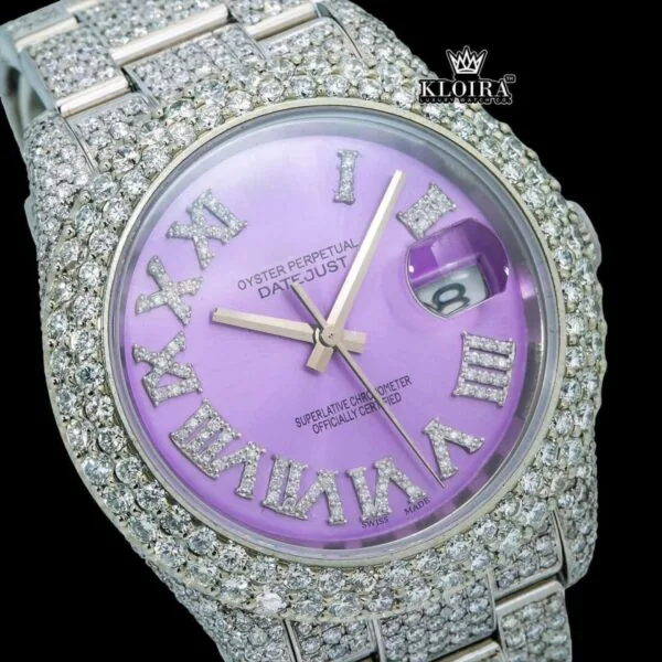 Roman Numerals Lavender Dial Full Iced Out Moissanite Watch Close Up Dial View