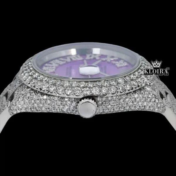 Roman Numerals Lavender Dial Full Iced Out Moissanite Watch Crown View