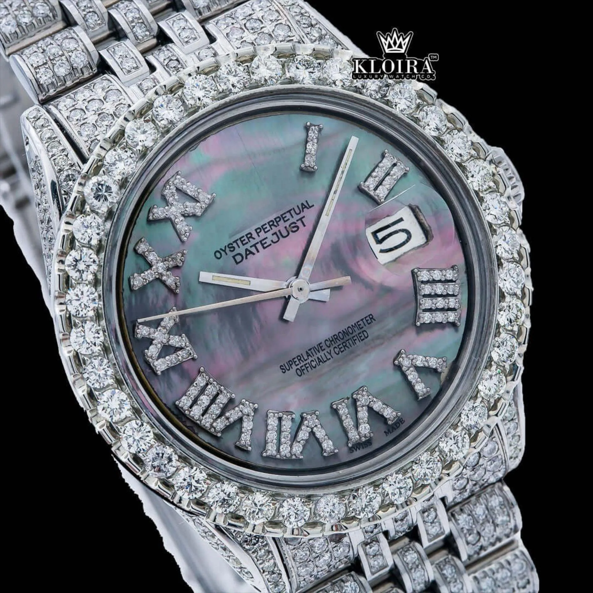 Roman Numerals Pearl Tone Dial Fully Iced Out Moissanite Watch Close Up Dial View