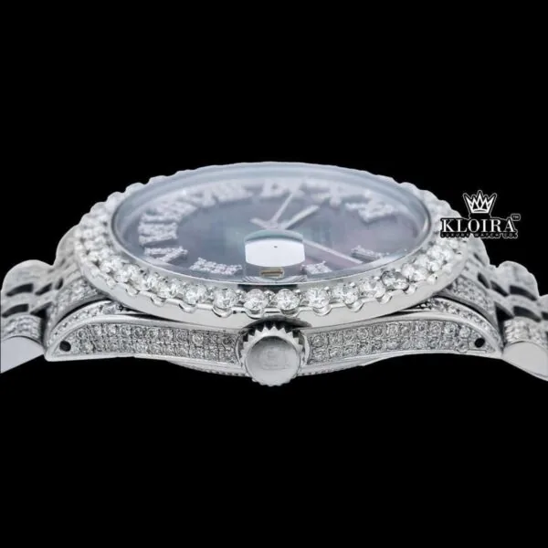 Roman Numerals Pearl Tone Dial Fully Iced Out Moissanite Watch Crown View