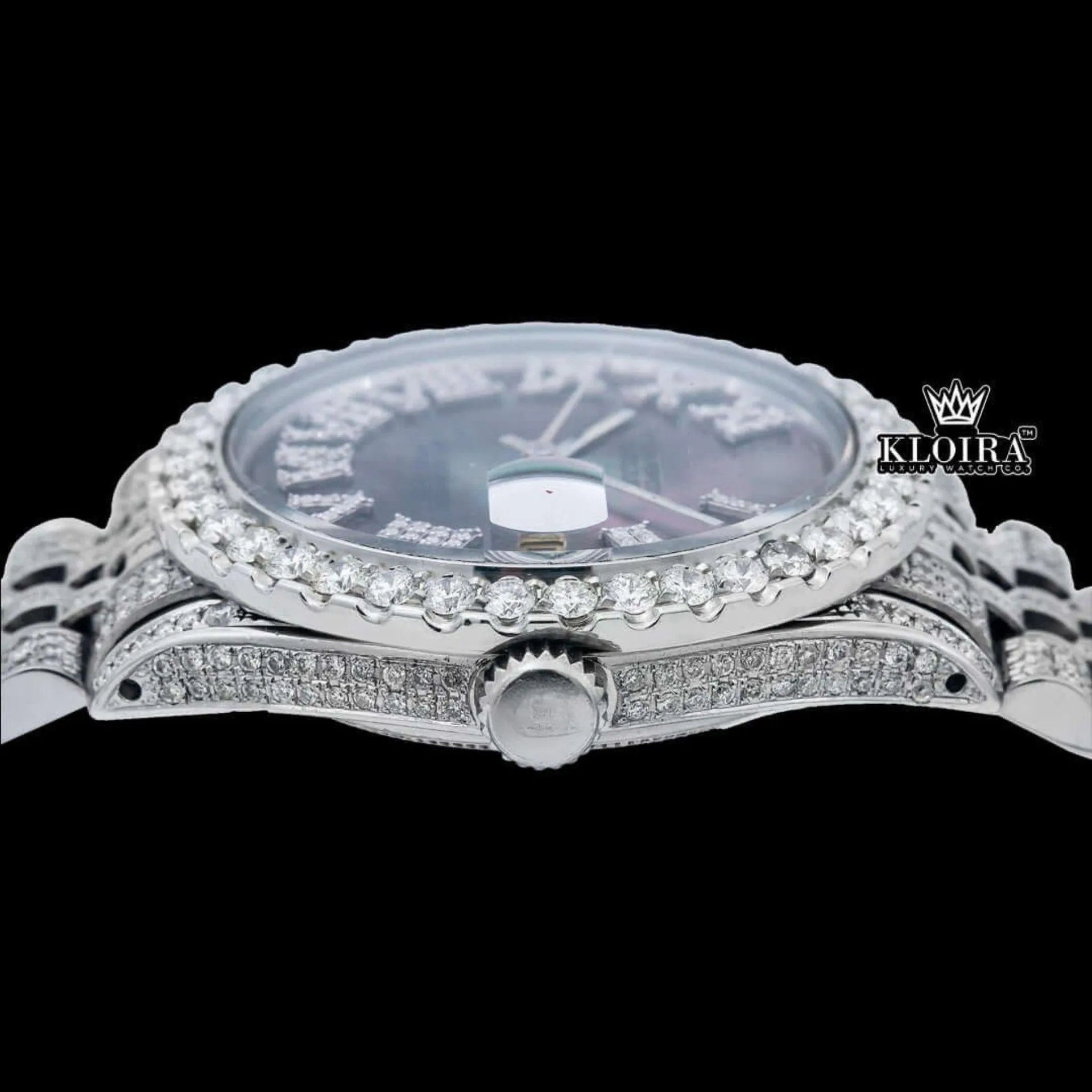 Roman Numerals Pearl Tone Dial Fully Iced Out Moissanite Watch Crown View