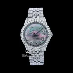 Roman Numerals Pearl Tone Dial Fully Iced Out Moissanite Watch