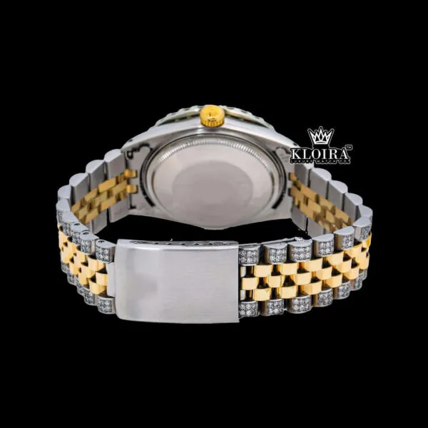 Roman Numerals Red Dial Diamond Bezel Two Tone Moissanite Watch Caseback View