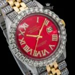 Roman Numerals Red Dial Diamond Bezel Two Tone Moissanite Watch Close Up Dial View