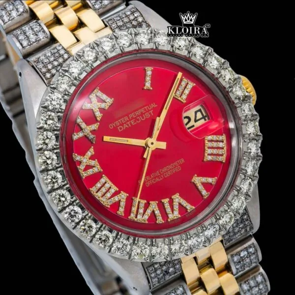 Roman Numerals Red Dial Diamond Bezel Two Tone Moissanite Watch Close Up Dial View