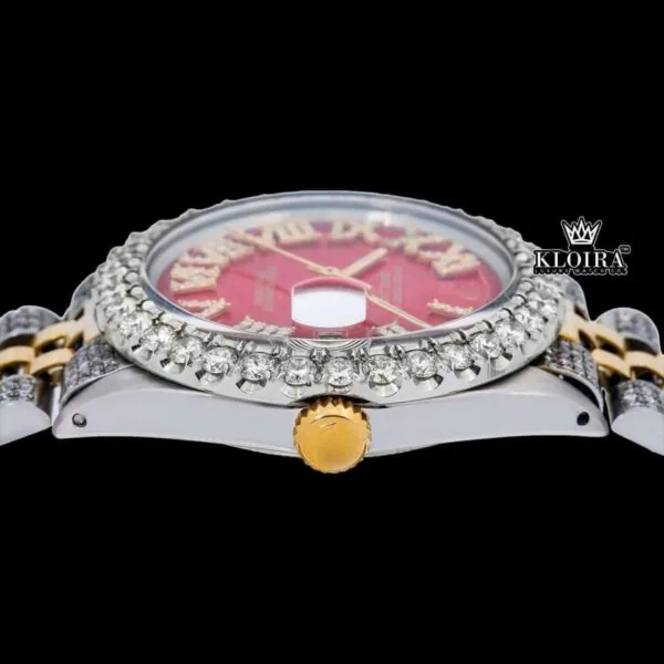 Roman Numerals Red Dial Diamond Bezel Two Tone Moissanite Watch Crown View