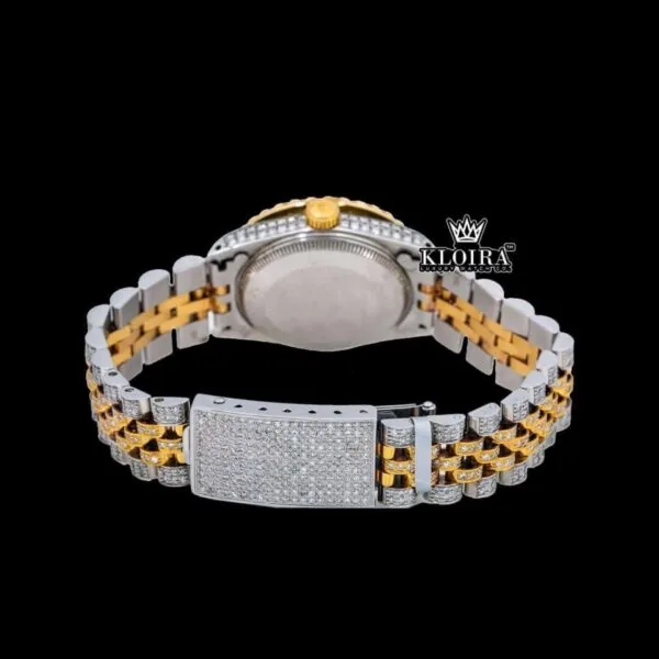 Roman Numerals Red Dial Two Tone Diamond Link Strap Moissanite Watch Caseback View
