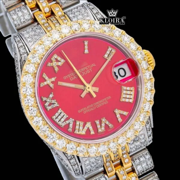 Roman Numerals Red Dial Two Tone Diamond Link Strap Moissanite Watch Close Up Dial View