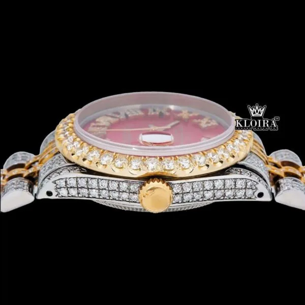 Roman Numerals Red Dial Two Tone Diamond Link Strap Moissanite Watch Crown View