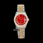 Roman Numerals Red Dial Two Tone Diamond Link Strap Moissanite Watch