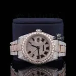 Roman Numerals Rose Gold Dial Two Tone Moissanite Watch Close Up Front View