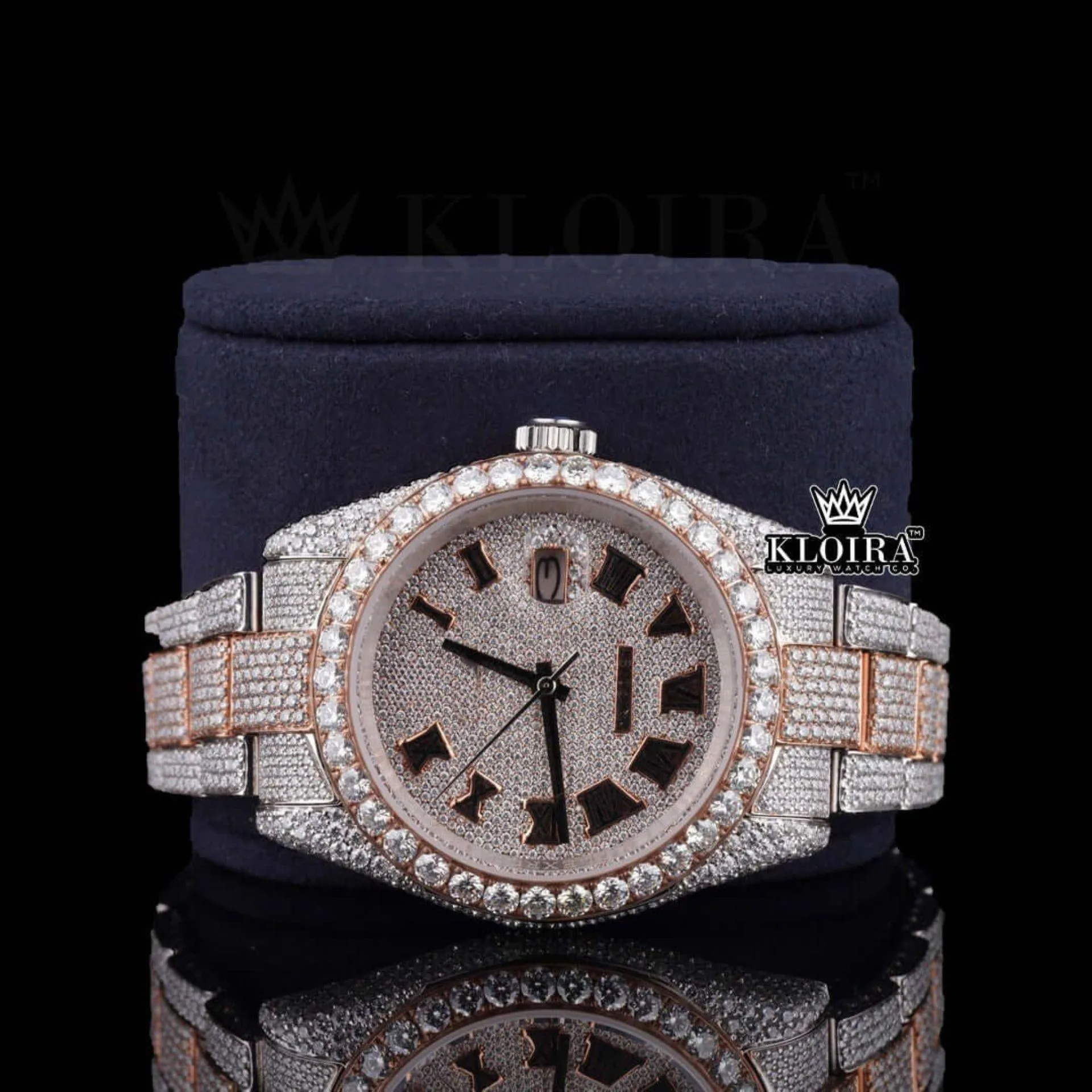 Roman Numerals Rose Gold Dial Two Tone Moissanite Watch Close Up Front View