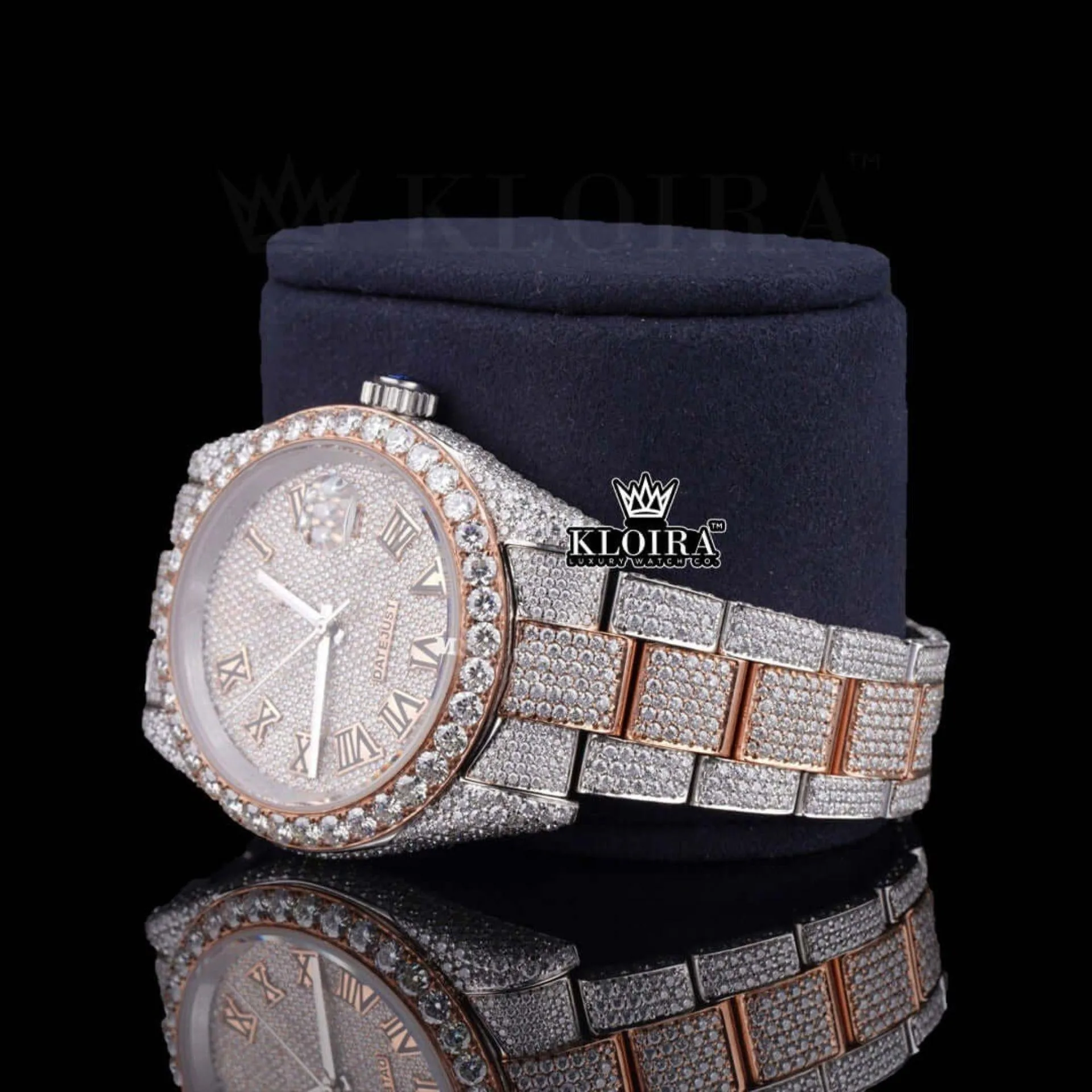 Roman Numerals Rose Gold Dial Two Tone Moissanite Watch Left Profile View