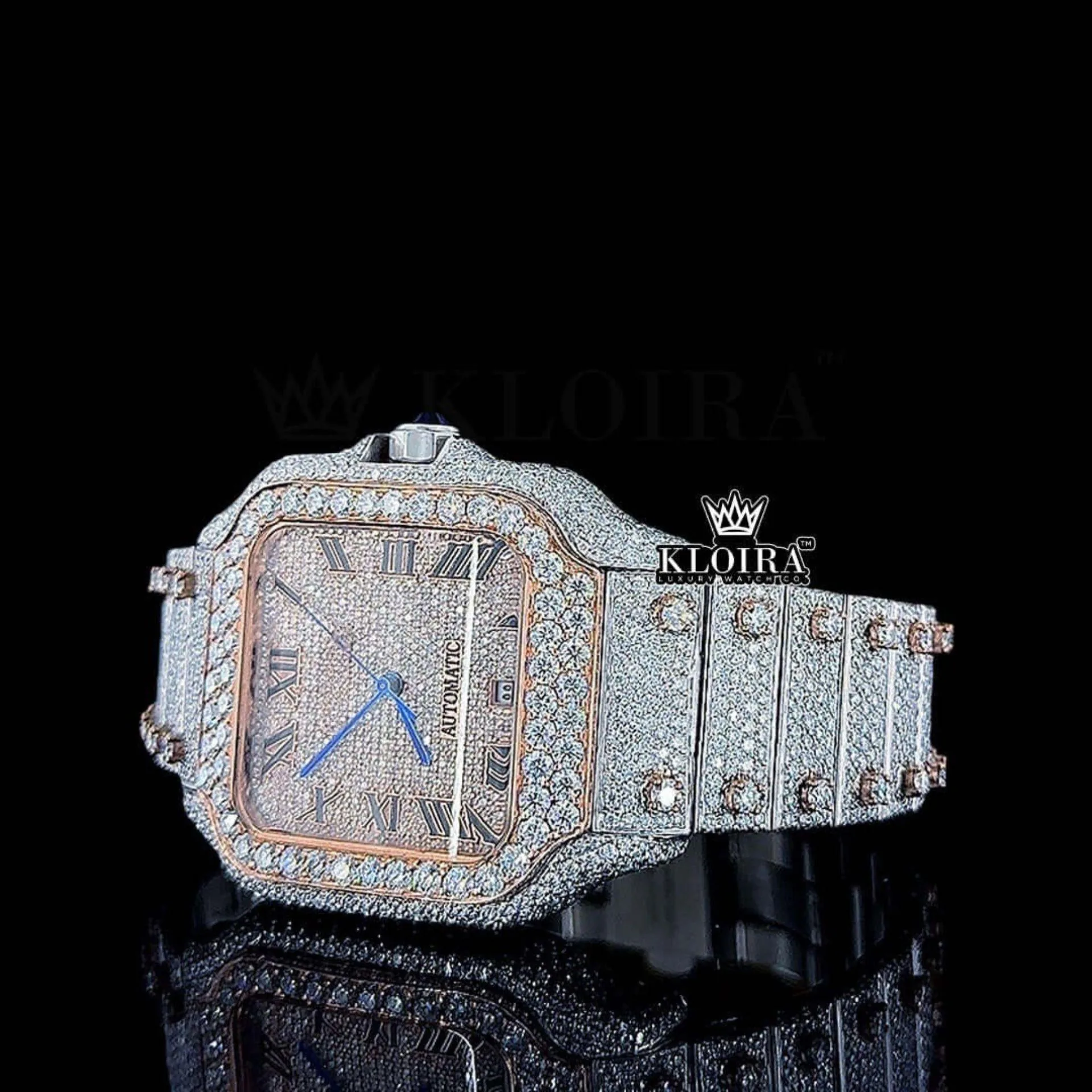 Roman Numerals Rose Gold Diamond Bezel Dial Two Tone Moissanite Watch Close Up Front View