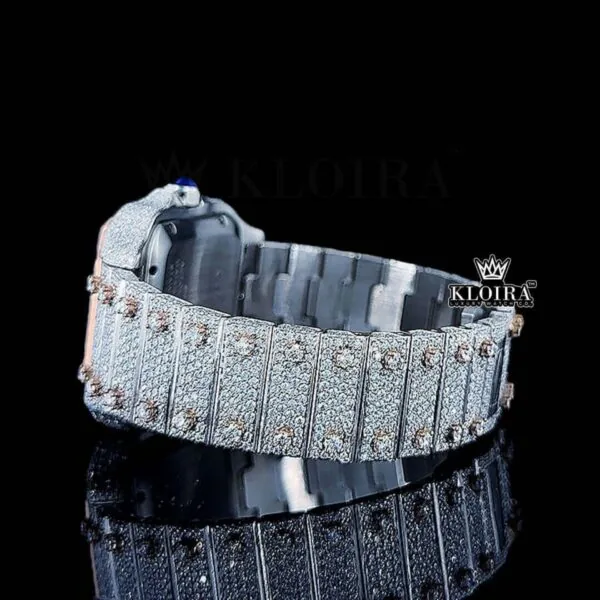 Roman Numerals Rose Gold Diamond Bezel Dial Two Tone Moissanite Watch Left Profile View