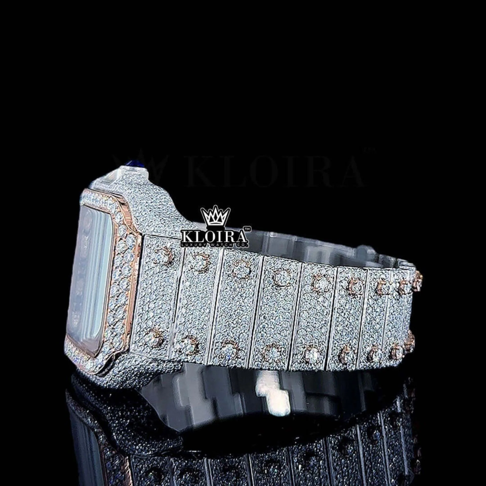 Roman Numerals Rose Gold Diamond Bezel Dial Two Tone Moissanite Watch Left Side View
