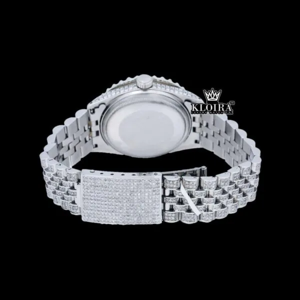 Roman Numerals Tiffany Blue Dial Diamond Link Strap Moissanite Watch Caseback View