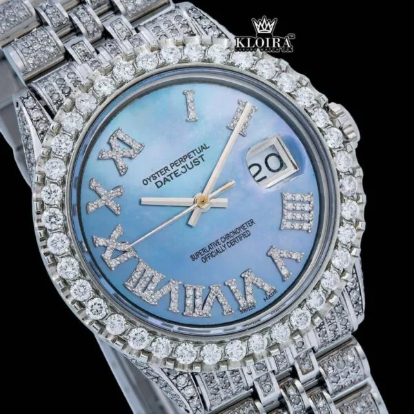 Roman Numerals Tiffany Blue Dial Diamond Link Strap Moissanite Watch Close Up Dial View