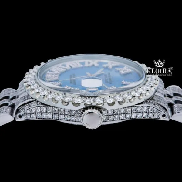 Roman Numerals Tiffany Blue Dial Diamond Link Strap Moissanite Watch Crown View