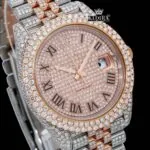 Roman Numerals Two Tone Rose Gold Dial Moissanite Diamond Watch Close Up Dial View