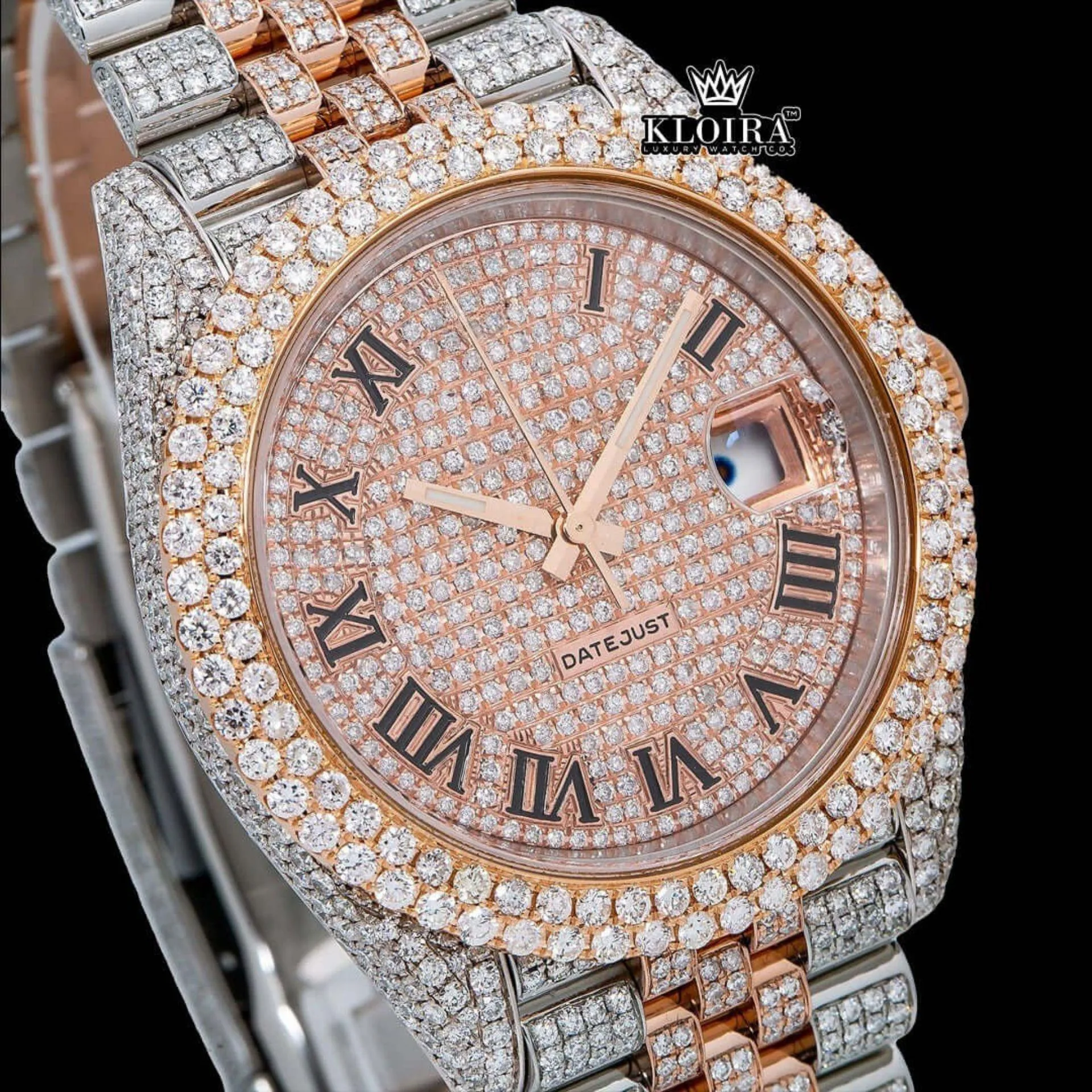 Roman Numerals Two Tone Rose Gold Dial Moissanite Diamond Watch Close Up Dial View