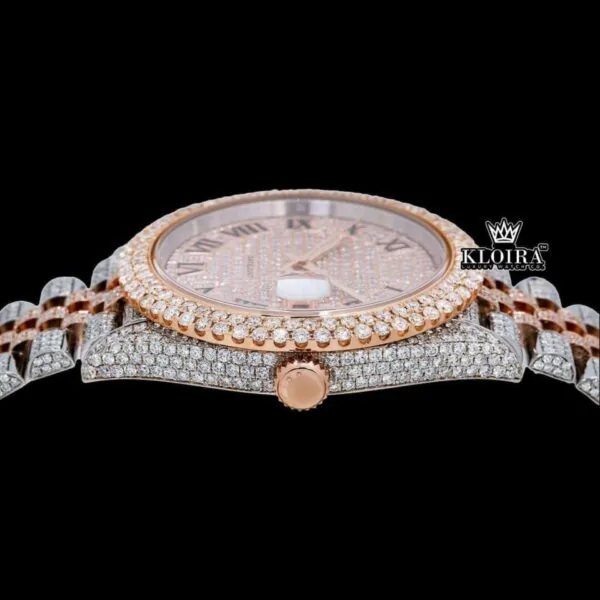 Roman Numerals Two Tone Rose Gold Dial Moissanite Diamond Watch Crown View