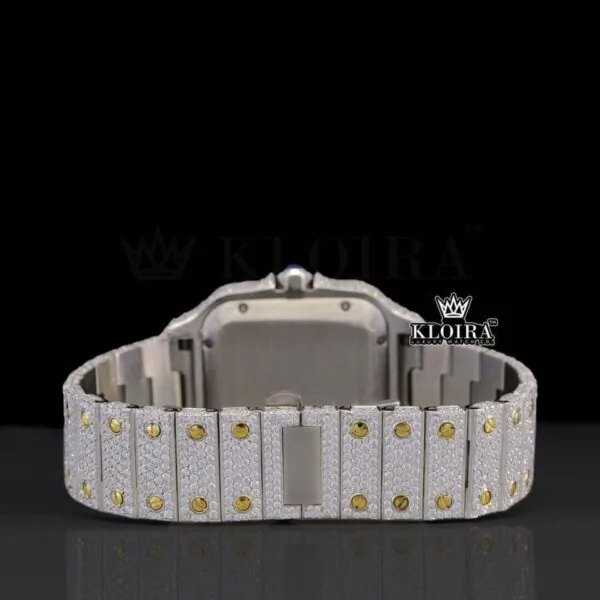 Roman Numerals Two Tone Yellow Dial Iced Out Moissanite Diamond Watch Caseback View