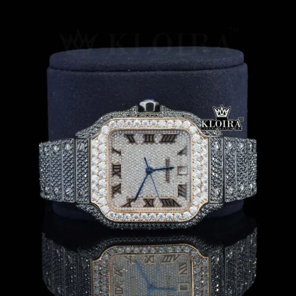 Roman Numerals White Dial Black Iced Out Moissanite Diamond Watch Close Up Front View