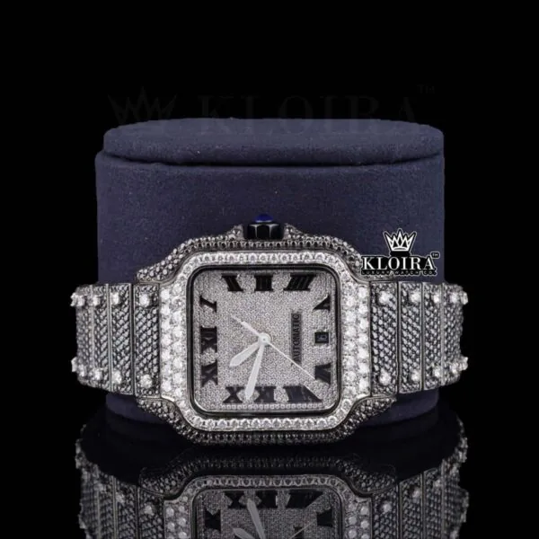 Roman Numerals White Dial Black Moissanite Diamond Watch Front Close Up View