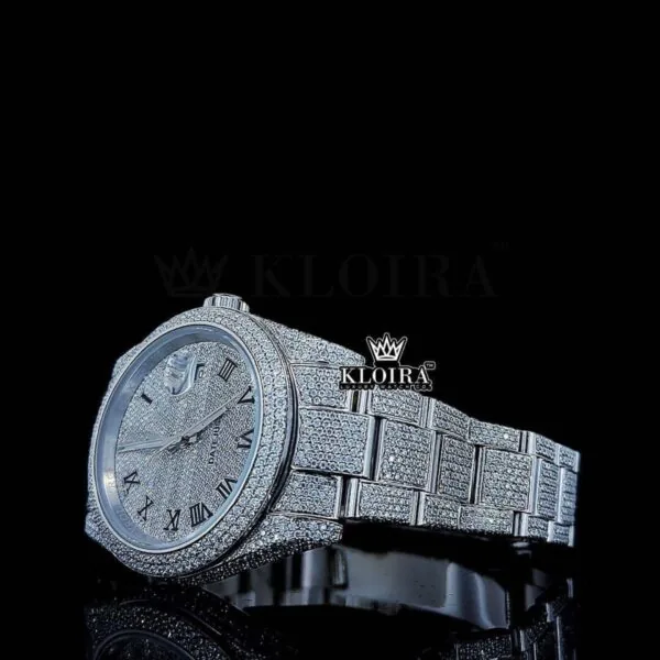 Roman Numerals White Dial Cushion Link Strap Moissanite Watch Left Profile View
