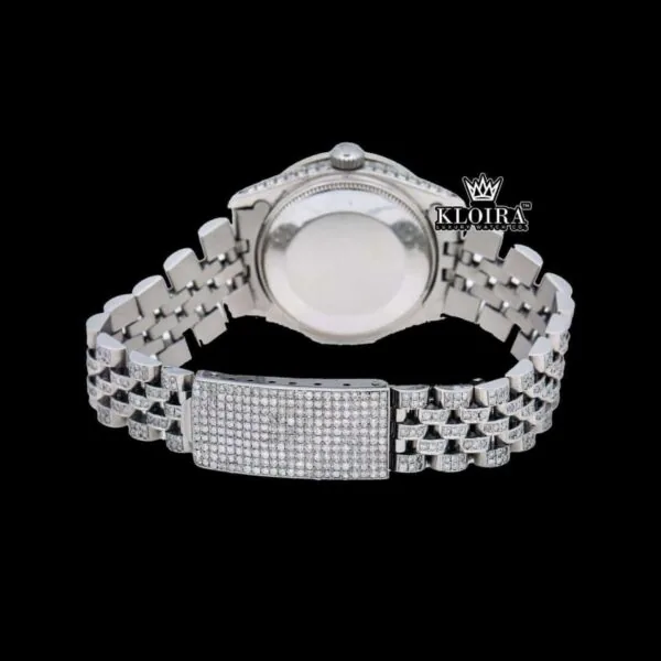 Roman Numerals White Dial Date Display Full Iced Out Moissanite Watch Caseback View