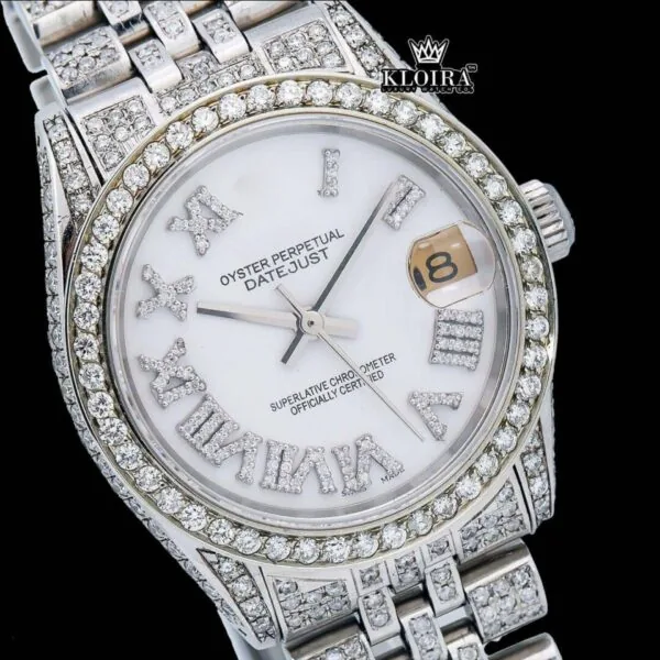 Roman Numerals White Dial Date Display Full Iced Out Moissanite Watch Close Up Dial View