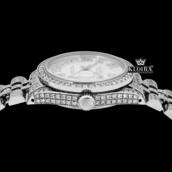 Roman Numerals White Dial Date Display Full Iced Out Moissanite Watch Crown View