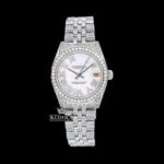 Roman Numerals White Dial Date Display Full Iced Out Moissanite Watch