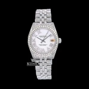 Roman Numerals White Dial Date Display Full Iced Out Moissanite Watch
