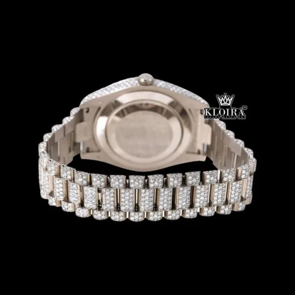 Roman Numerals White Dial Day-Date Display Fully Iced Out Moissanite Watch Caseback View