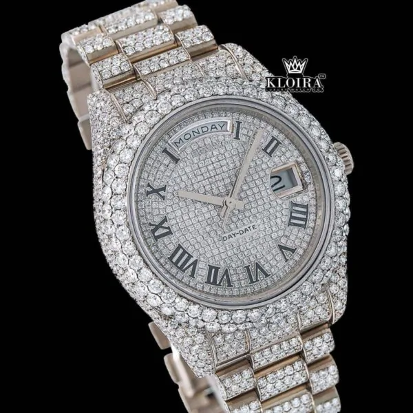 Roman Numerals White Dial Day-Date Display Fully Iced Out Moissanite Watch Close Up Dial View