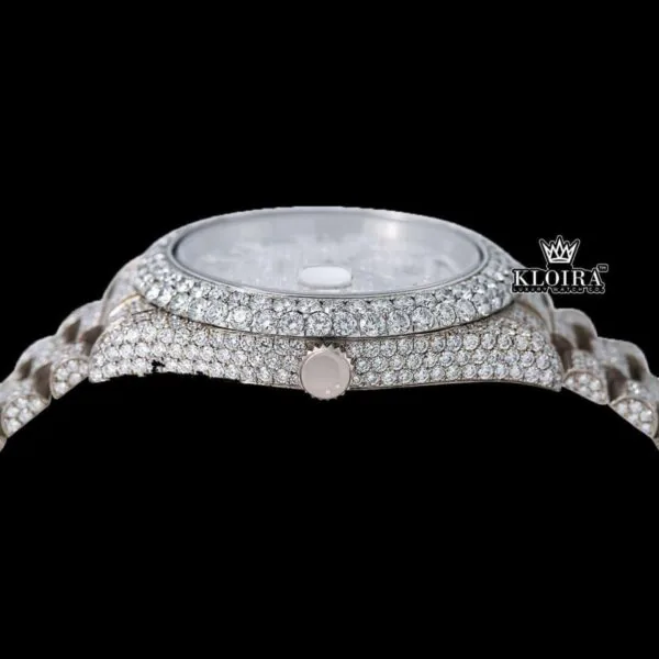 Roman Numerals White Dial Day-Date Display Fully Iced Out Moissanite Watch Crown View