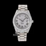 Roman Numerals White Dial Day-Date Display Fully Iced Out Moissanite Watch