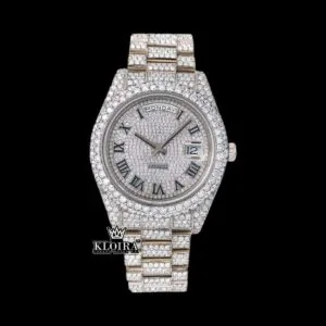 Roman Numerals White Dial Day-Date Display Fully Iced Out Moissanite Watch