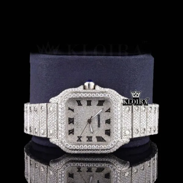 Roman Numerals White Dial Fully Iced Out Moissanite Diamond Watch Front Close Up View
