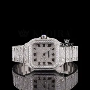 Roman Numerals White Dial Fully Iced Out Moissanite Diamond Watch