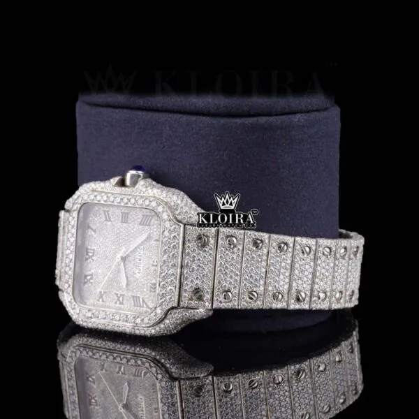 Roman Numerals White Dial Fully Iced Out Moissanite Diamond Watch Left Profile View