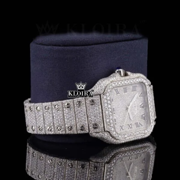 Roman Numerals White Dial Fully Iced Out Moissanite Diamond Watch Right Profile View