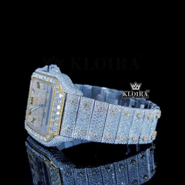 Roman Numerals Yellow Dial Two Tone Iced Out Moissanite Watch Left Side View