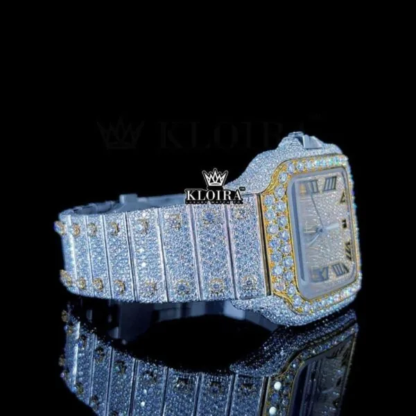 Roman Numerals Yellow Dial Two Tone Iced Out Moissanite Watch Right Side View