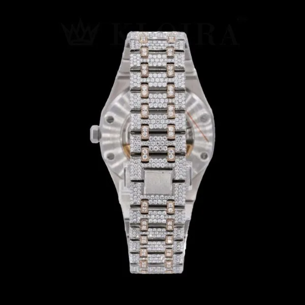 Rose Dial Two Tone AP Fully Iced Out Moissanite Diamond Watch Back Side View