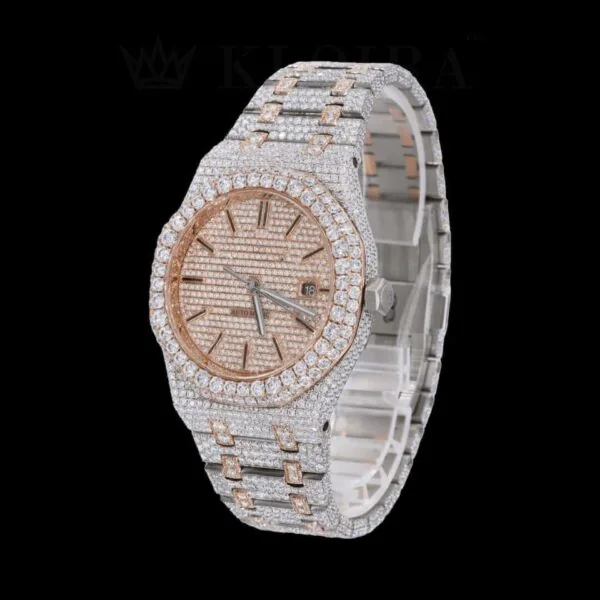 Rose Dial Two Tone AP Fully Iced Out Moissanite Diamond Watch Left Side Front View