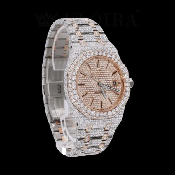 Rose Dial Two Tone AP Fully Iced Out Moissanite Diamond Watch Right Side Front View