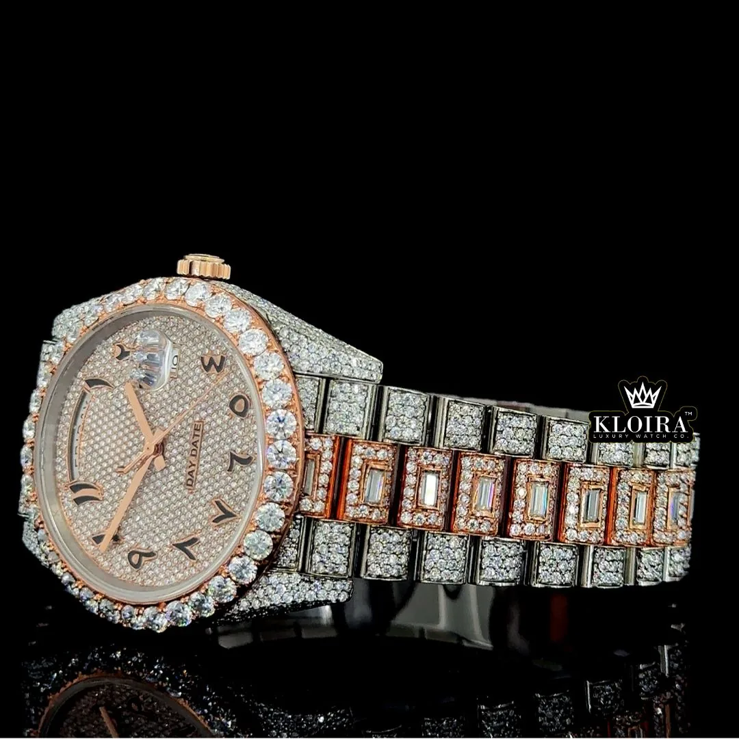 Rose Gold Arabic Dial Two Tone Full Iced Out Moissanite Diamond Watch Left Profile View